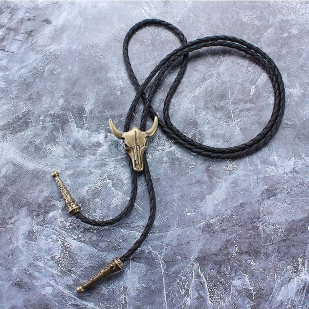 Gold Steerhead Bull Skull Western Boho Southwestern Bolo Tie Necklace Rodeo